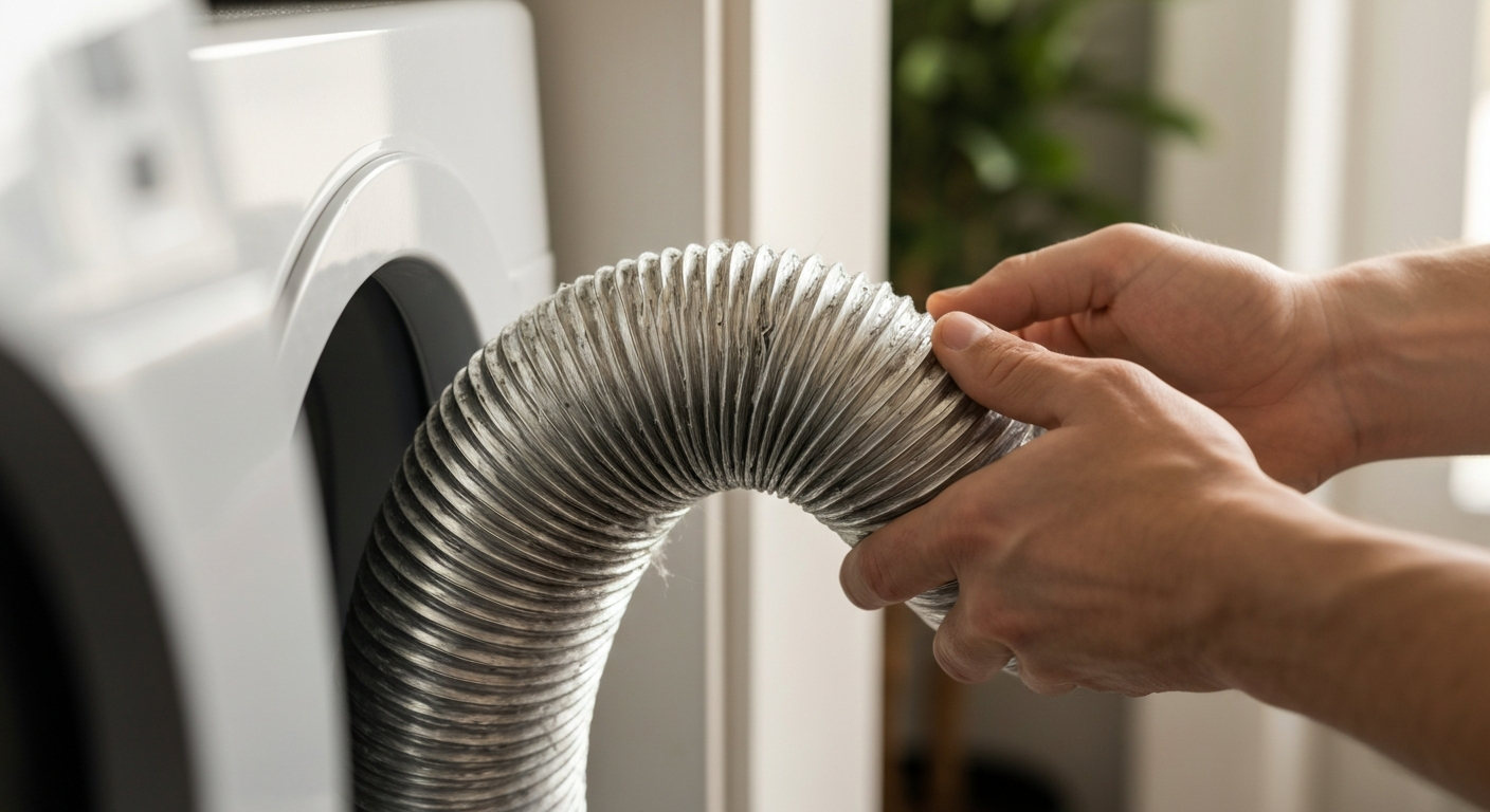 Flexible metal transition duct connecting a clothes dryer to the wall vent, being inspected