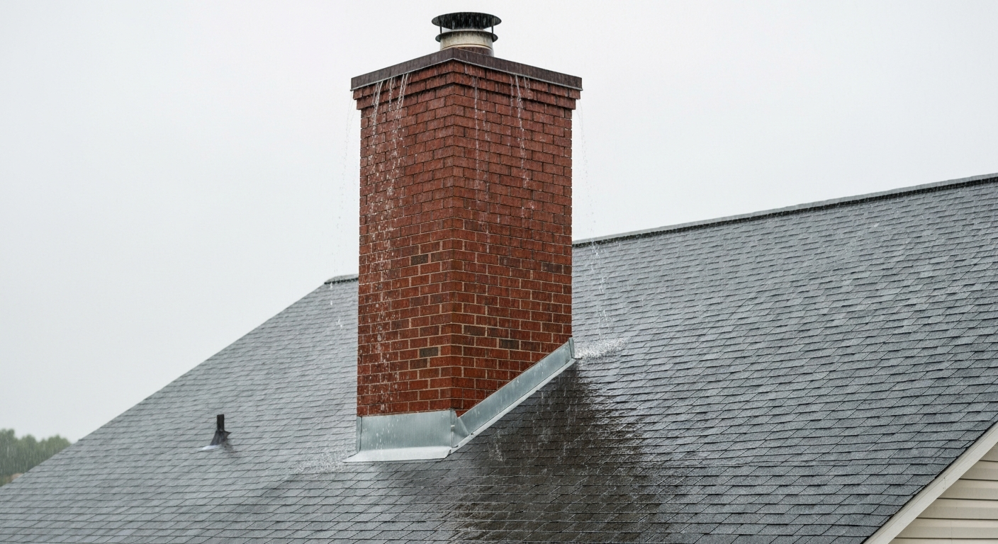 Rainwater streaming down the brick sides of a rooftop chimney and pooling along the metal roof flashing during a storm.